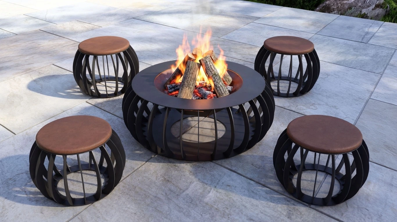 Round Fire Pit with Stools