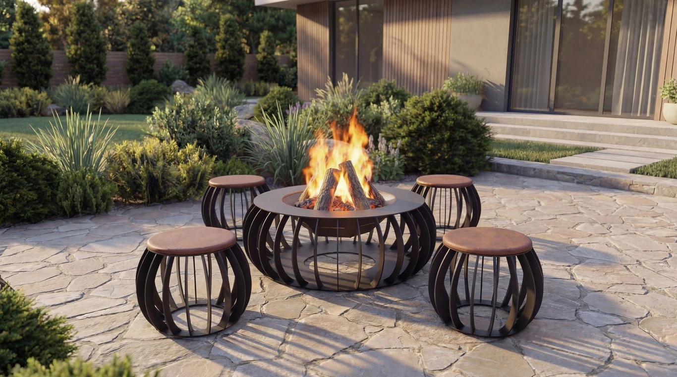 Round Fire Pit with Stools - Image 3